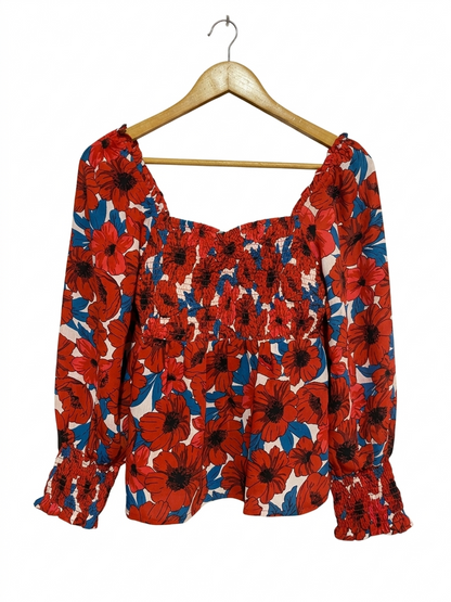 PETITE |S| BUST 15| B8| RED FLORAL SMOCKED LONG SLEEVE PEPLUM TOP