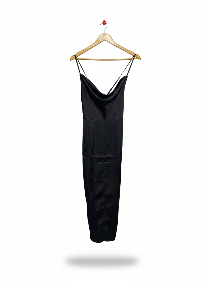BOOHOO |S| BUST 13| SLEEK BLACK SATIN COWL-NECK MAXI SLIP DRESS