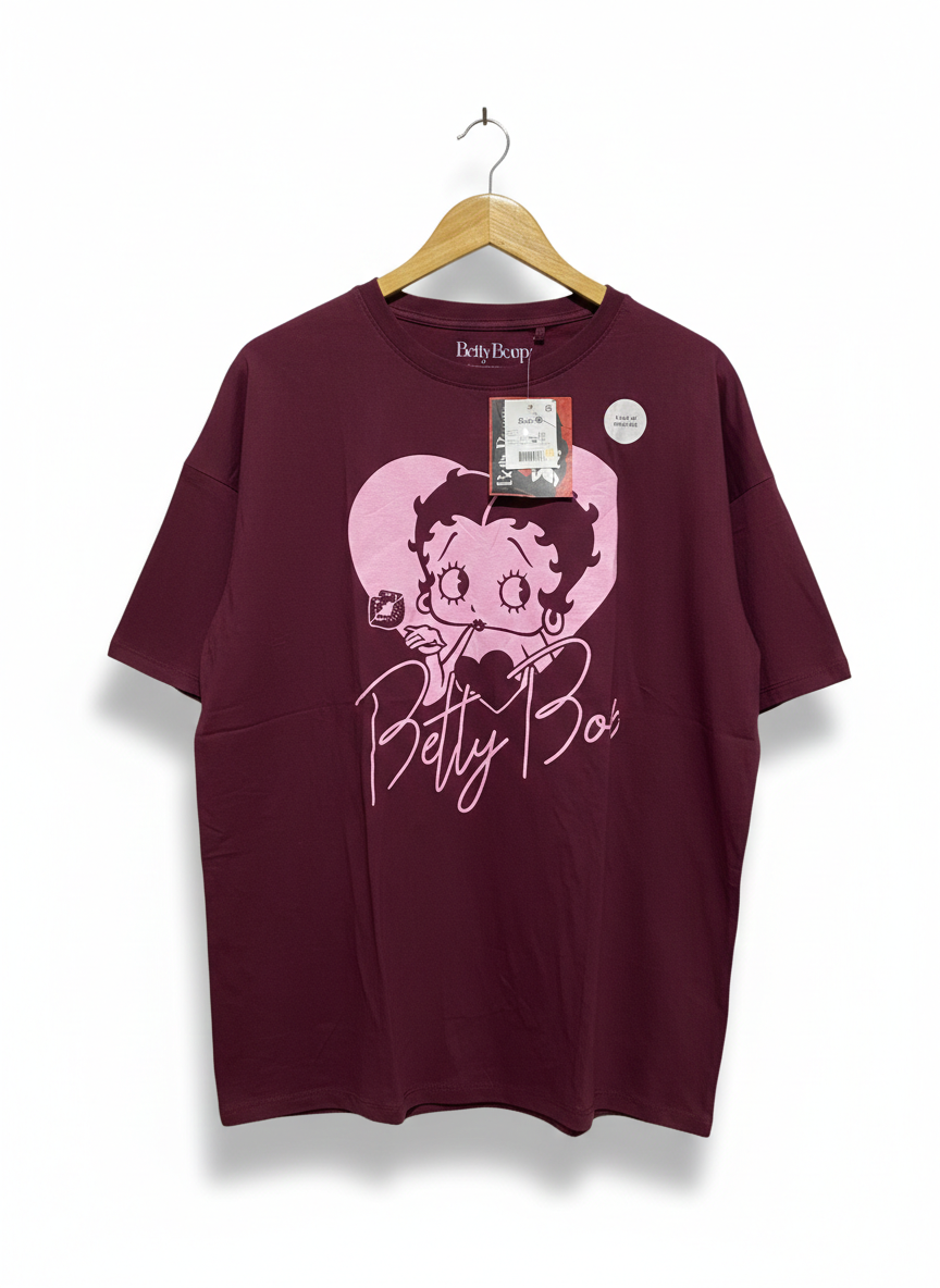 BETTY BOOP |XL| BUST 25| WOMEN’S MAROON OVERSIZED GRAPHIC T-SHIRT
