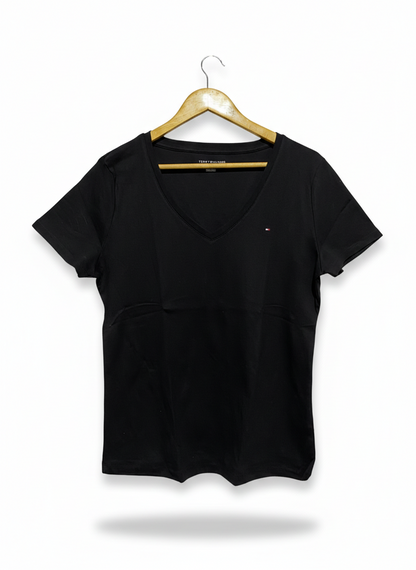 TOMMY HILFIGER |XL| BUST 20| B12| BLACK V-NECK LOGO T-SHIRT