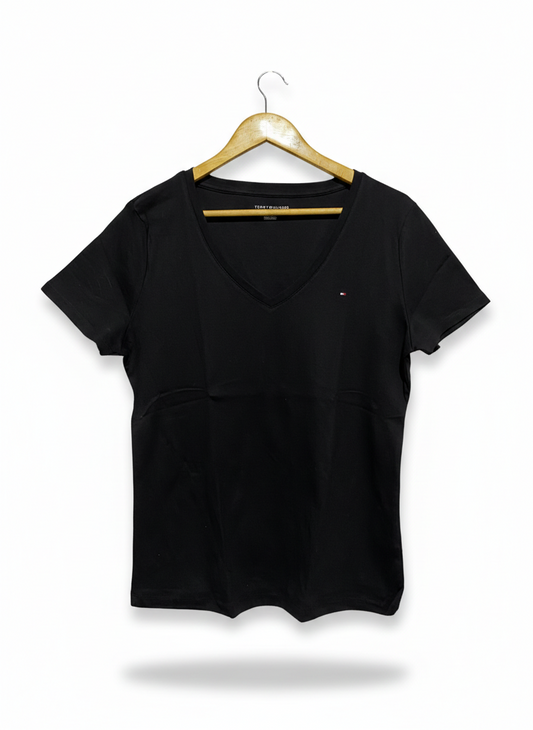 TOMMY HILFIGER |XL| BUST 20| B12| BLACK V-NECK LOGO T-SHIRT