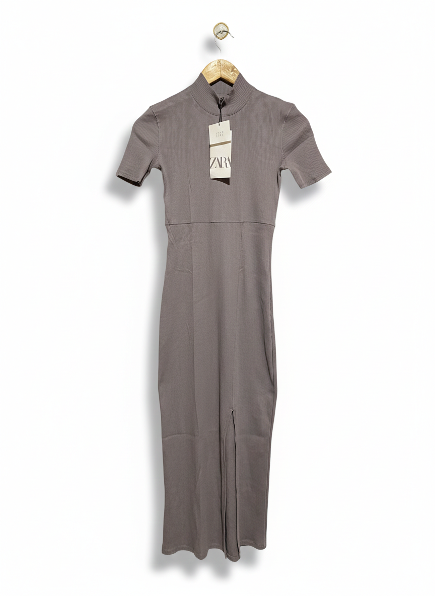 ZARA |S| BUST 14| MUSHROOM TAUPE MOCK-NECK MIDI DRESS