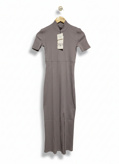 ZARA |S| BUST 14| MUSHROOM TAUPE MOCK-NECK MIDI DRESS
