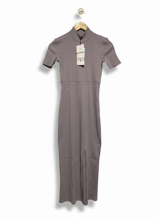 ZARA |S| BUST 14| MUSHROOM TAUPE MOCK-NECK MIDI DRESS
