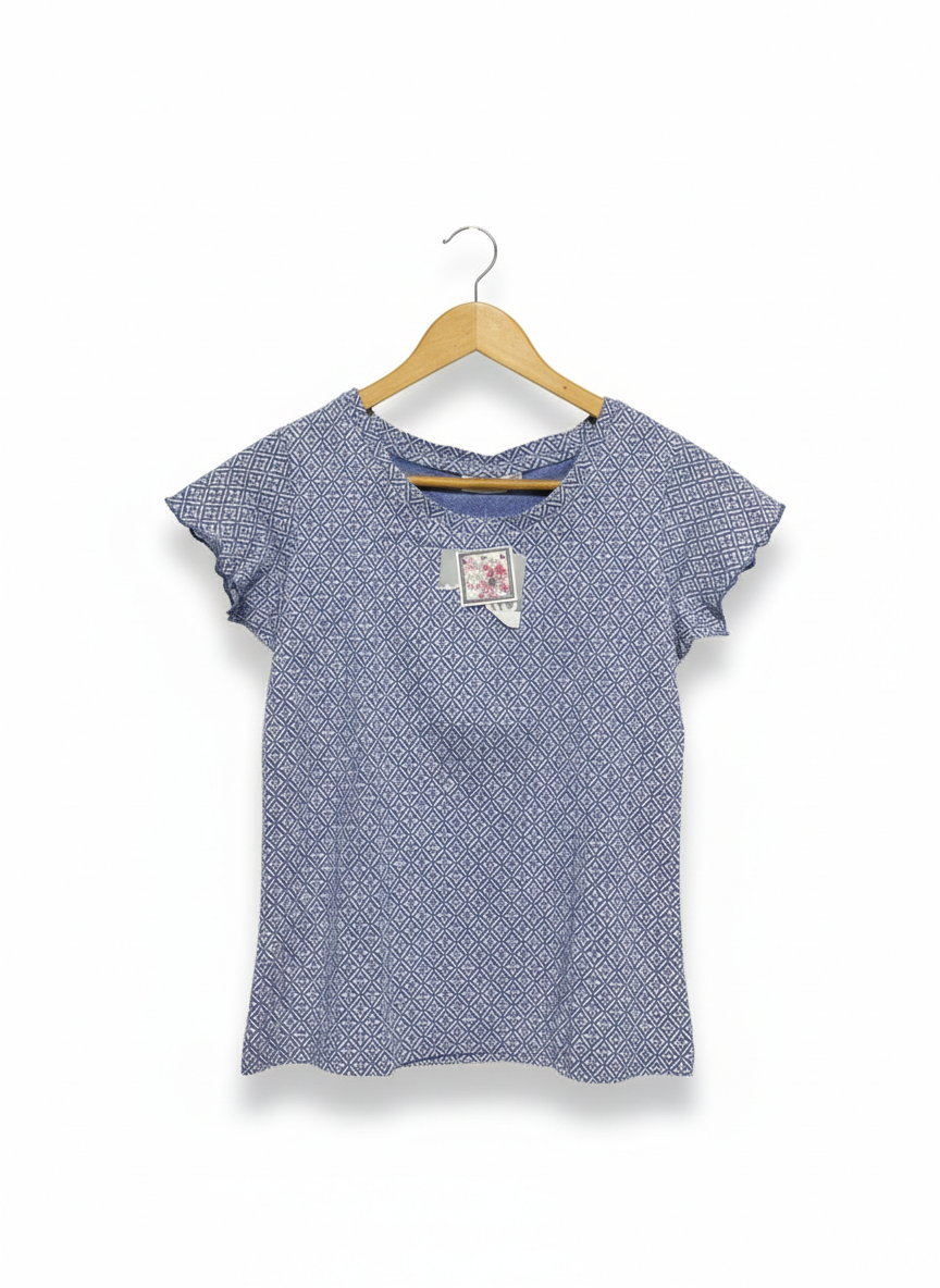 JANINA |XS| BUST 16| C1| BLUE GEOMETRIC PRINT RUFFLE SLEEVE TOP