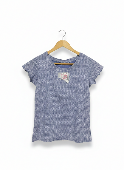 JANINA |XS| BUST 16| C1| BLUE GEOMETRIC PRINT RUFFLE SLEEVE TOP