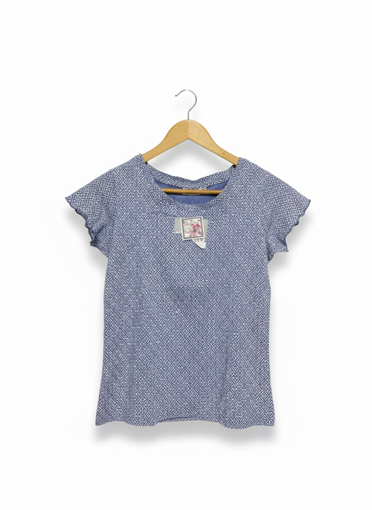 JANINA |XS| BUST 16| C1| BLUE GEOMETRIC PRINT RUFFLE SLEEVE TOP