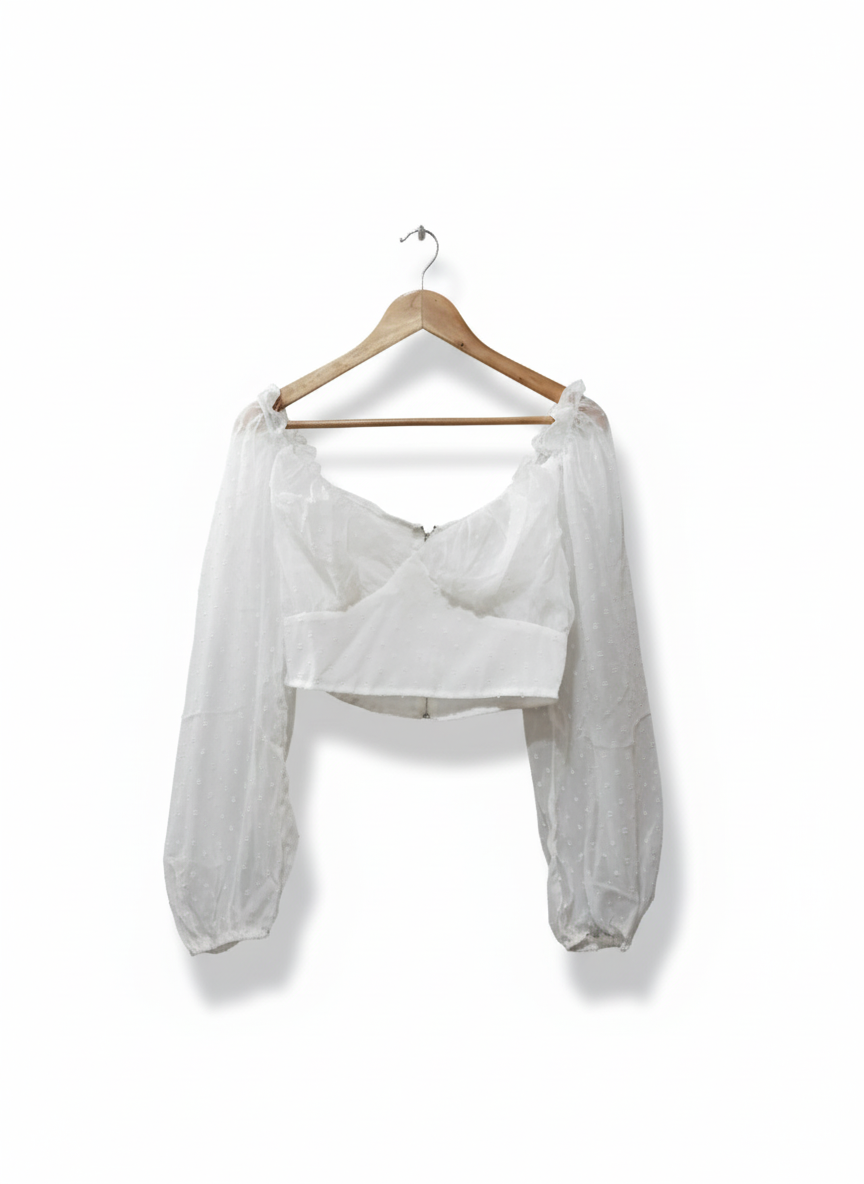 PrettyLittleThing Petite White Dobby Mesh Chiffon Sweetheart Blouse