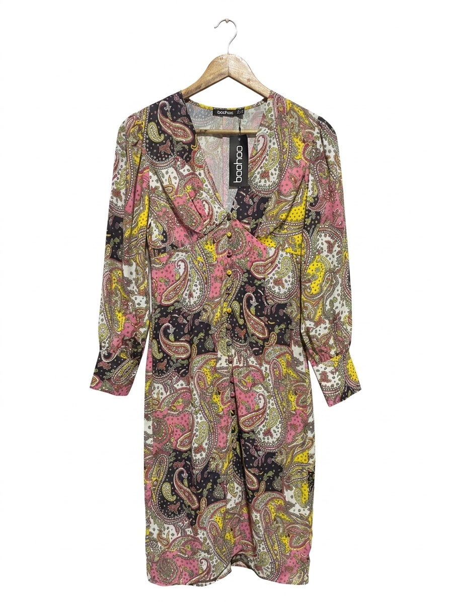 BOOHOO |M| BUST 17| B14| MULTICOLOR PAISLEY PRINT BUTTON-FRONT MIDI DRESS