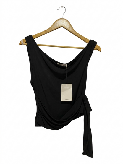 GLASSONS |M| BUST 15| B27| WOMEN'S RECYCLED BLEND ASYMMETRIC WRAP TANK – PREMIUM SOLID BLACK COWL NECK SLEEVELESS TOP