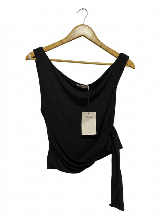 GLASSONS |M| BUST 15| B27| WOMEN'S RECYCLED BLEND ASYMMETRIC WRAP TANK – PREMIUM SOLID BLACK COWL NECK SLEEVELESS TOP