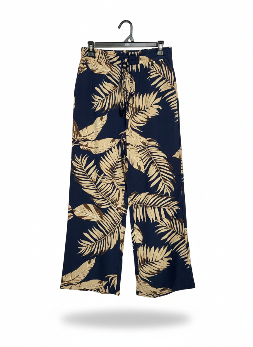 TROPICAL LEAF PRINT WIDE-LEG TROUSERS |L| WAIST 30|