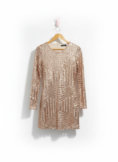 BOOHOO|M|BUST 16|ROSE GOLD SEQUIN LONG SLEEVE MINI DRESS