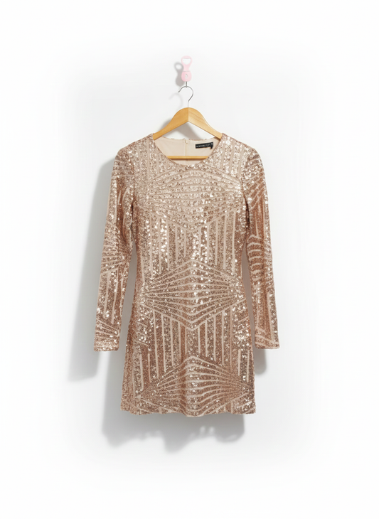 BOOHOO|M|BUST 16|ROSE GOLD SEQUIN LONG SLEEVE MINI DRESS