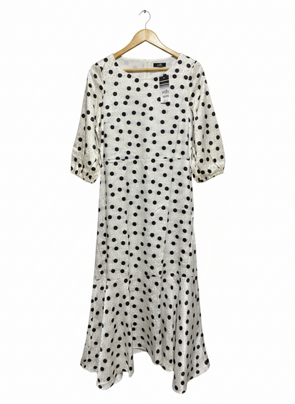 WALLIS |M| BUST 18| B1| CLASSIC MONOCHROME POLKA DOT MIDI DRESS WITH THREE-QUARTER SLEEVES