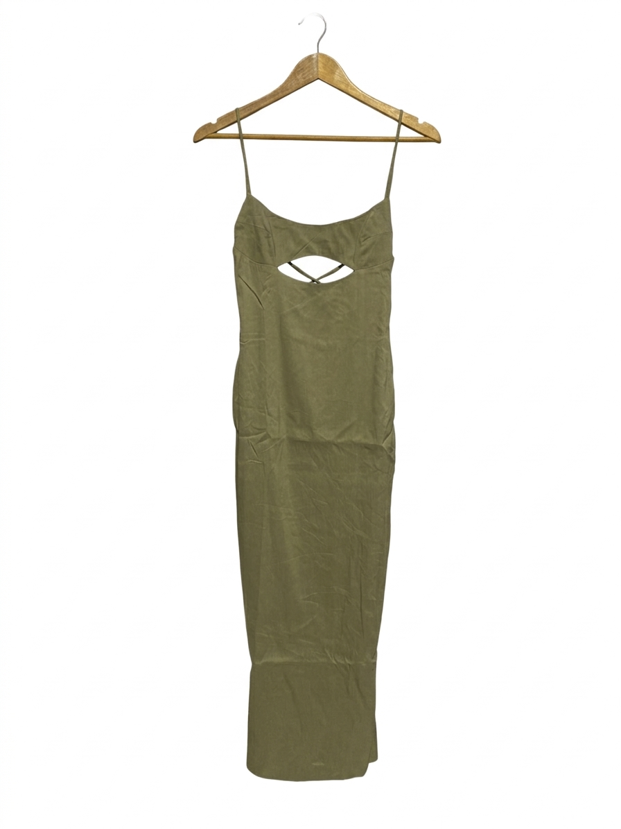 ZARA |XS| BUST 14| B6| OLIVE GREEN CUT-OUT SLIP MIDI DRESS