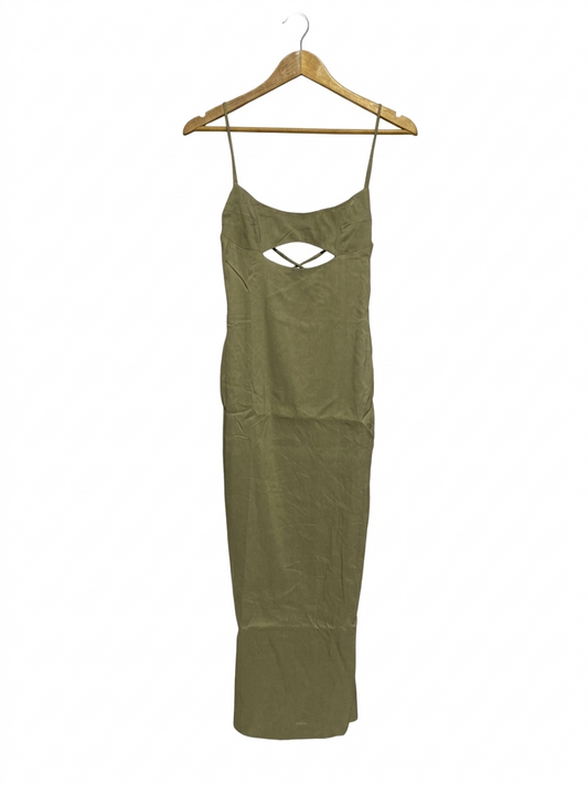 ZARA |XS| BUST 14| B6| OLIVE GREEN CUT-OUT SLIP MIDI DRESS