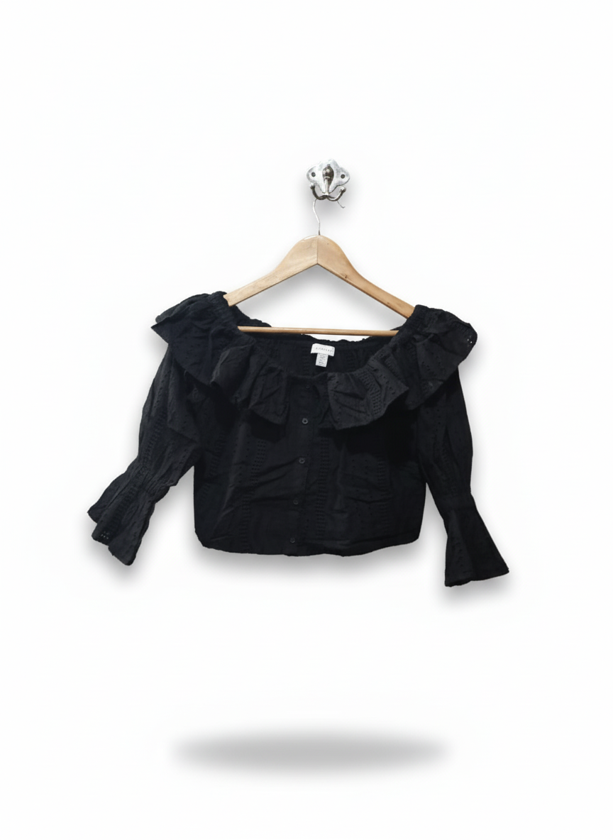 TOP SHOP Black Ruffle-Sleeve Off-The-Shoulder Blouse