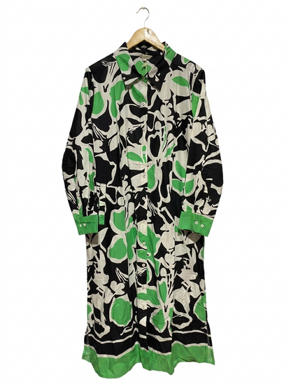 ADRIFT |XL| BUST 23| B22| VIBRANT GREEN AND BLACK ABSTRACT FLORAL PRINT BUTTON-DOWN MAXI DRESS