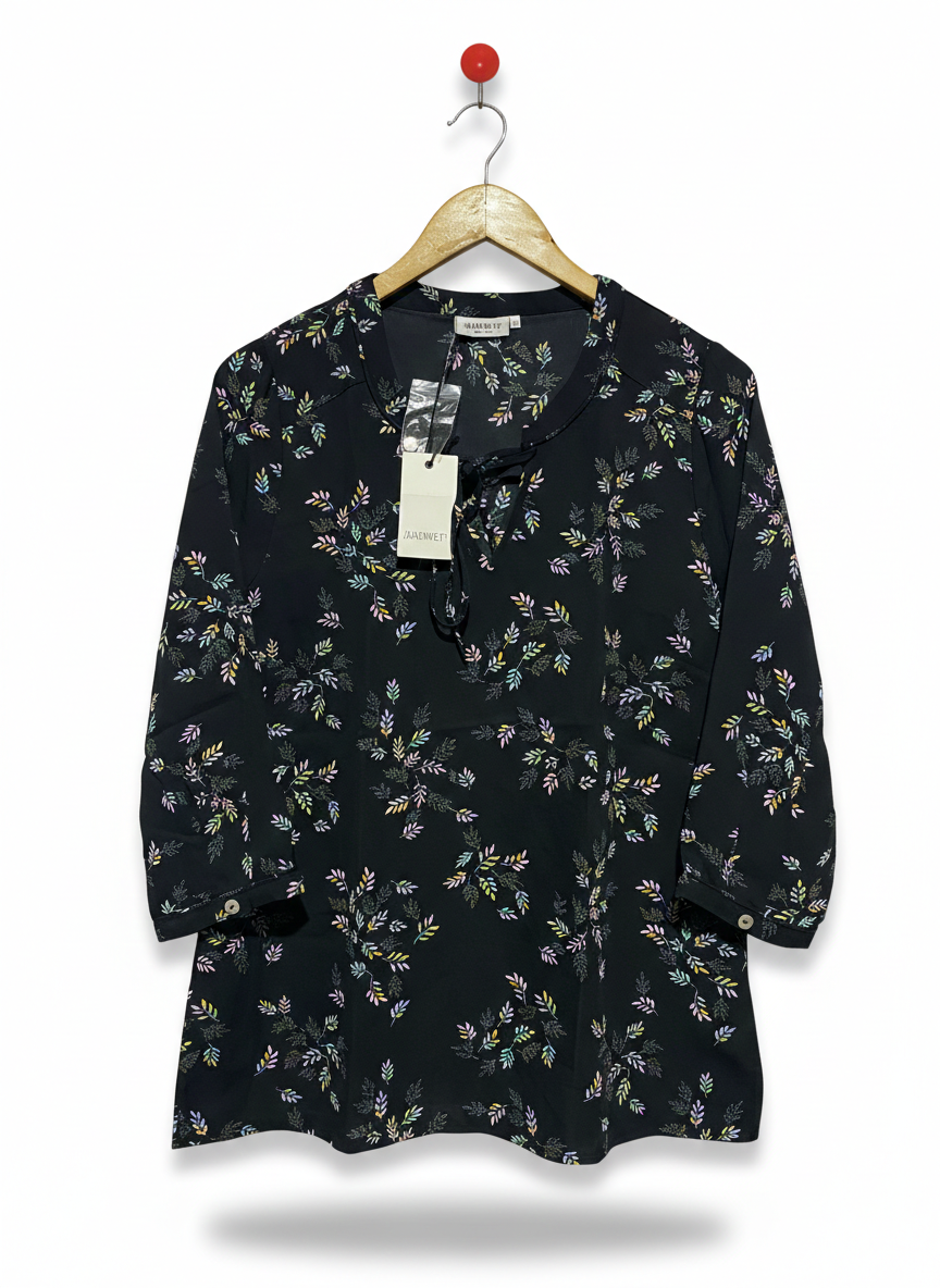 JEANS WEST |M| BUST 19| ELEGANT BLACK LEAF-PRINT BOHEMIAN BLOUSE