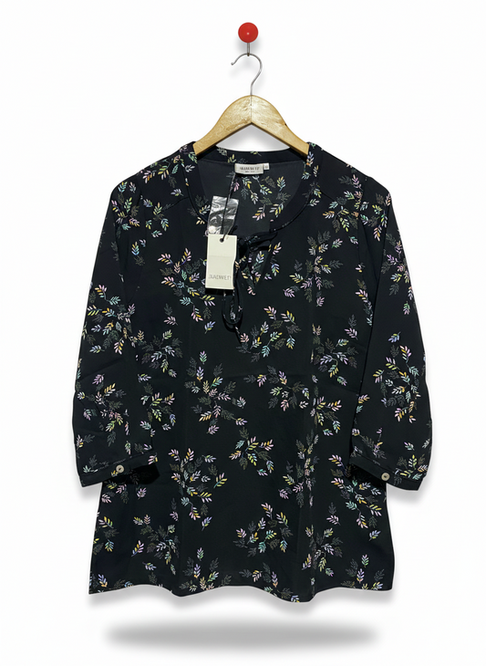 JEANS WEST |M| BUST 19| ELEGANT BLACK LEAF-PRINT BOHEMIAN BLOUSE