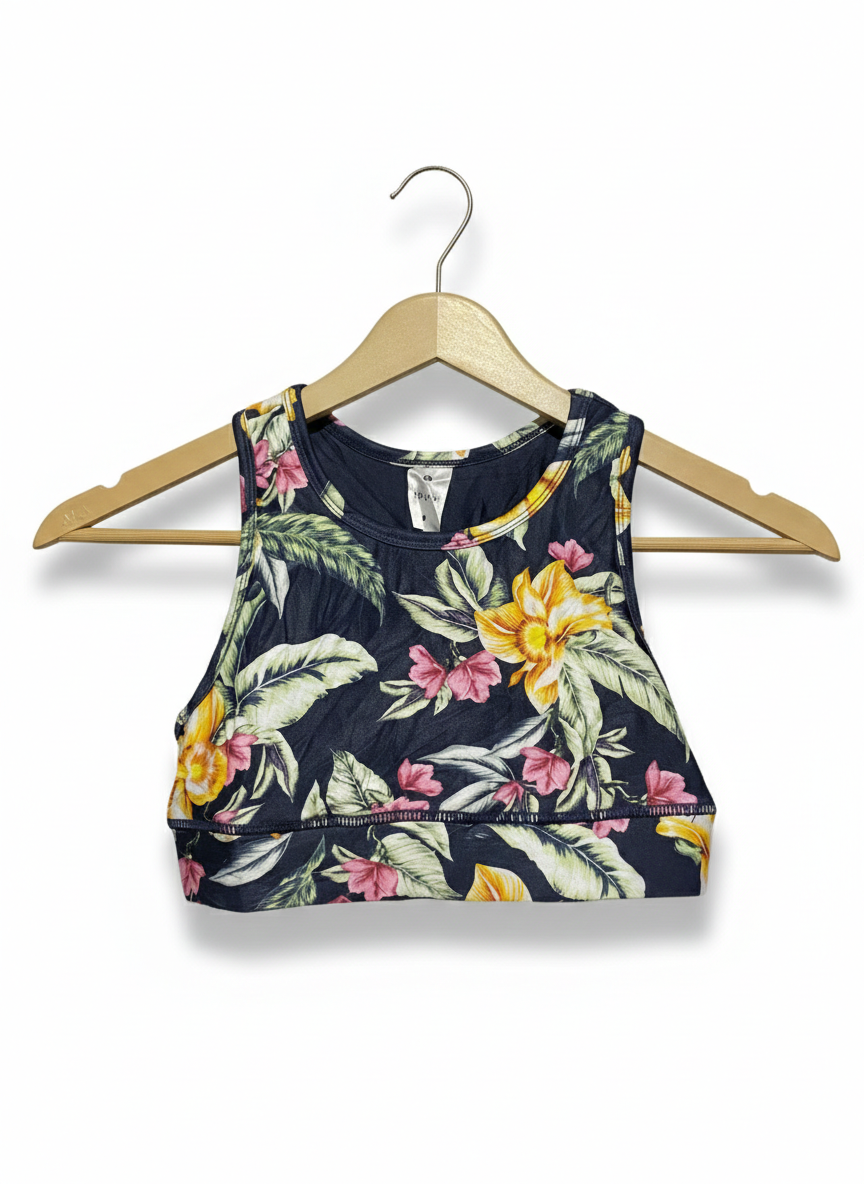 YOUTH |XS| BUST 11| VIBRANT NAVY TROPICAL FLORAL PRINT ACTIVEWEAR SPORTS BRA