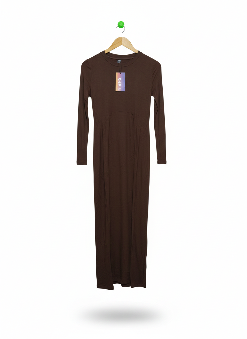 SHEIN|S|BUST 15|LUNE CREW NECK LONG SLEEVE MAXI MOCHA BROWN DRESS