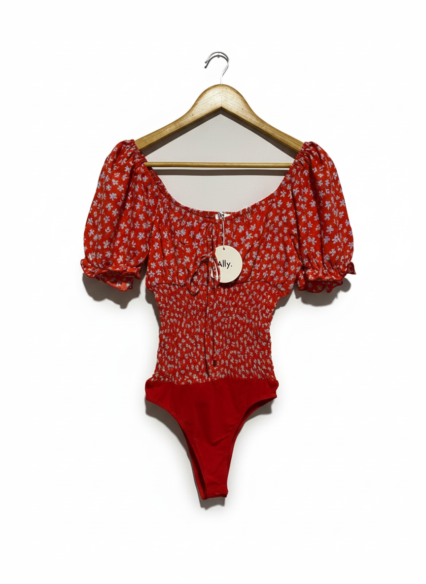 ALLY|S|BUST 14|RED DITSY FLORAL SHORT SLEEVE BODYSUIT