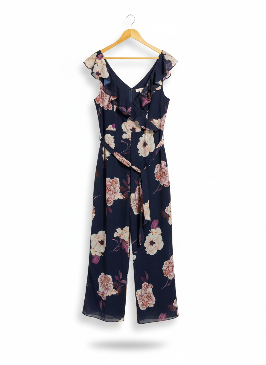 PORTMANS SIGNATURE|L|BUST 19|NAVY BLUE FLORAL PRINT WIDE-LEG JUMPSUIT