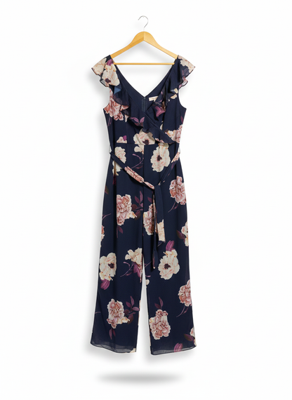 PORTMANS SIGNATURE|L|BUST 19|NAVY BLUE FLORAL PRINT WIDE-LEG JUMPSUIT