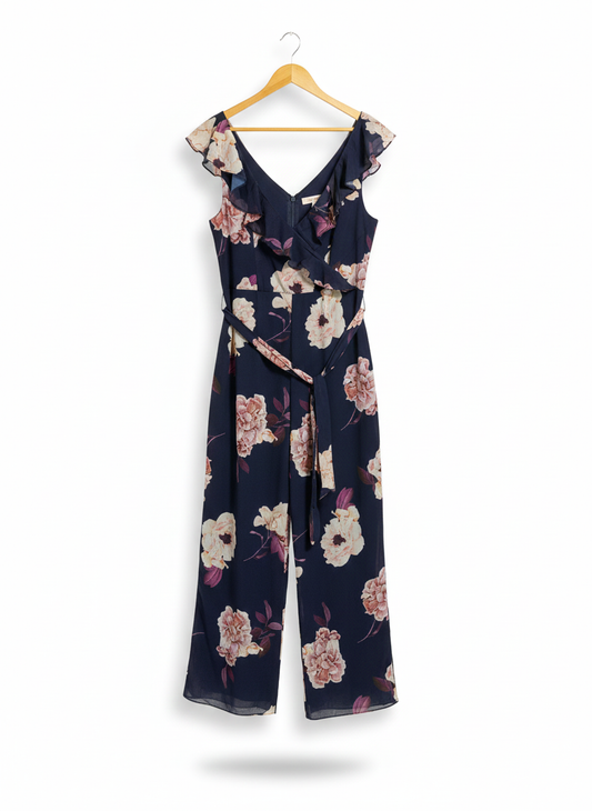 PORTMANS SIGNATURE|L|BUST 19|NAVY BLUE FLORAL PRINT WIDE-LEG JUMPSUIT