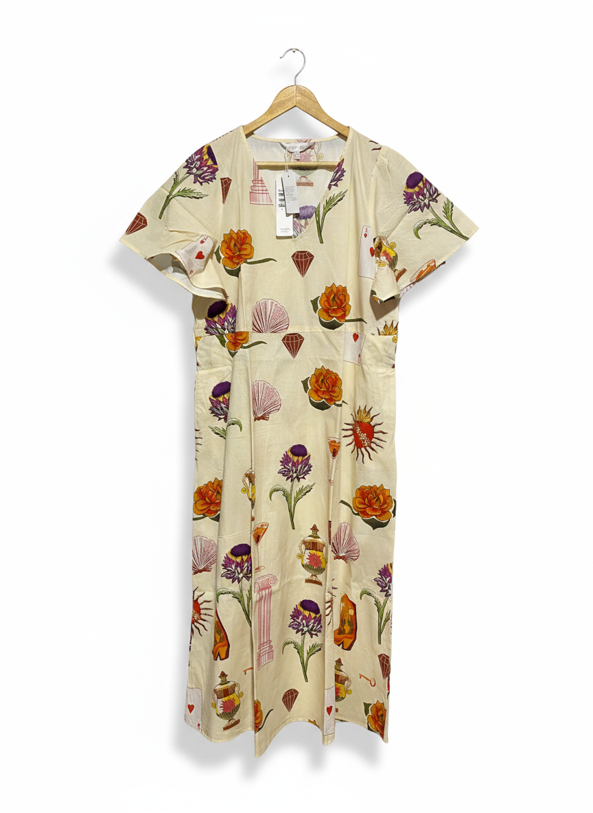 SUNNY GIRL |M| BUST 21| C3| WHIMSICAL CREAM MIDI DRESS - ICONIC NOVELTY PRINT WITH FLUTTER SLEEVES