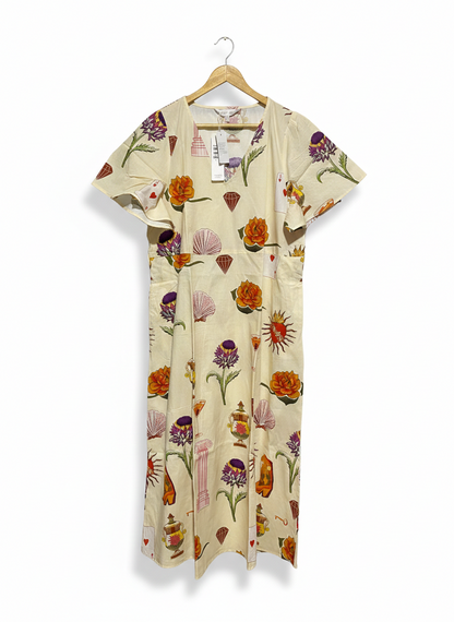 SUNNY GIRL |M| BUST 21| C3| WHIMSICAL CREAM MIDI DRESS - ICONIC NOVELTY PRINT WITH FLUTTER SLEEVES