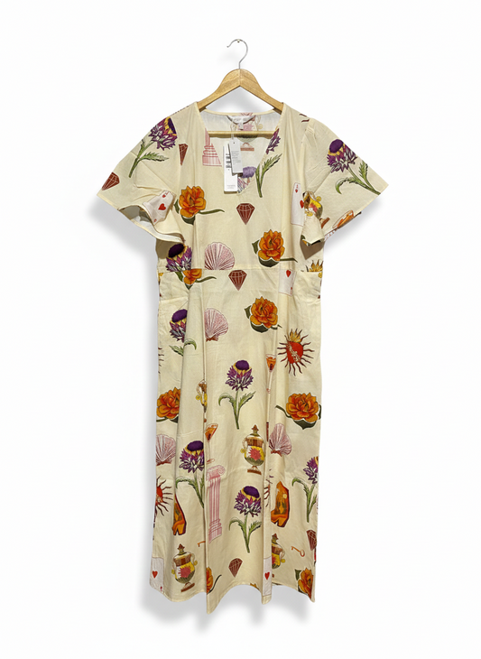 SUNNY GIRL |M| BUST 21| C3| WHIMSICAL CREAM MIDI DRESS - ICONIC NOVELTY PRINT WITH FLUTTER SLEEVES