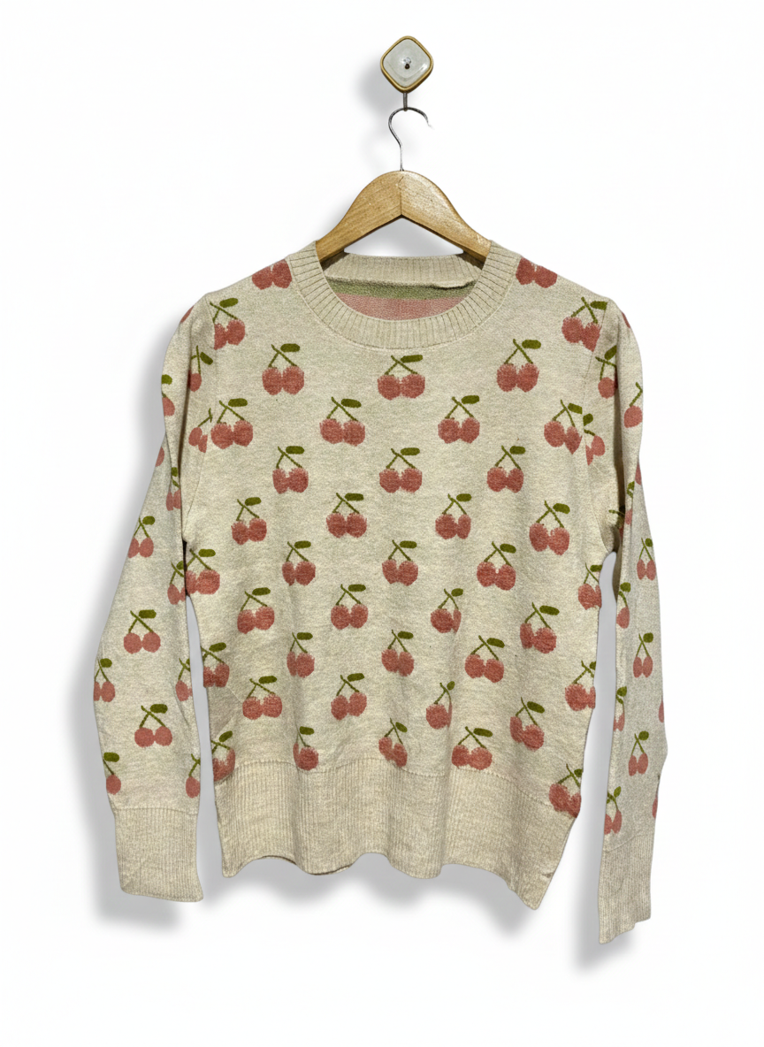 MELODY |L| BUST 19| CREAM CHERRY PRINT KNIT SWEATER
