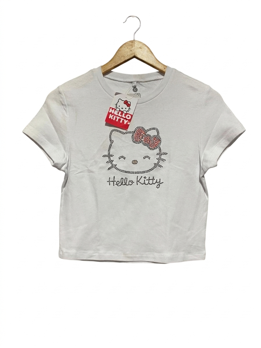 HELLO KITTY |M| BUST 16| B7| RHINESTONE GRAPHIC CROP TOP - WHITE Y2K VINTAGE STYLE T-SHIRT