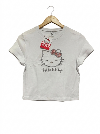 HELLO KITTY |M| BUST 16| B7| RHINESTONE GRAPHIC CROP TOP - WHITE Y2K VINTAGE STYLE T-SHIRT
