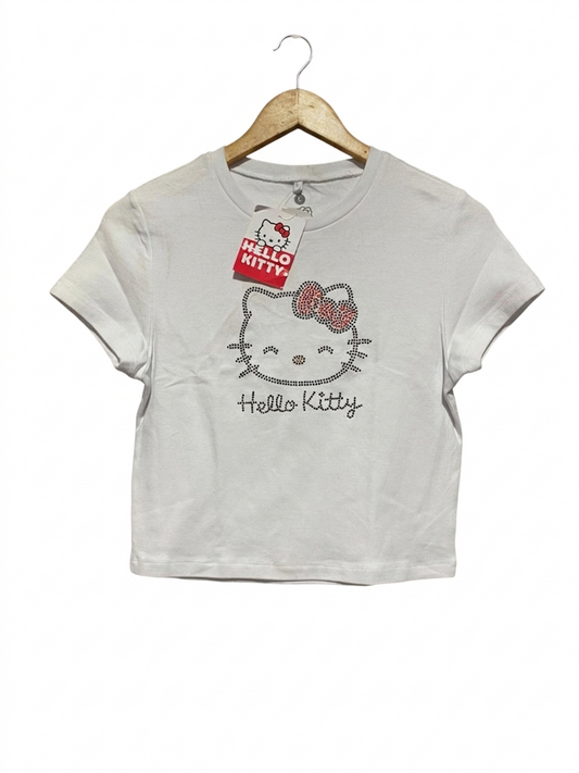 HELLO KITTY |M| BUST 16| B7| RHINESTONE GRAPHIC CROP TOP - WHITE Y2K VINTAGE STYLE T-SHIRT