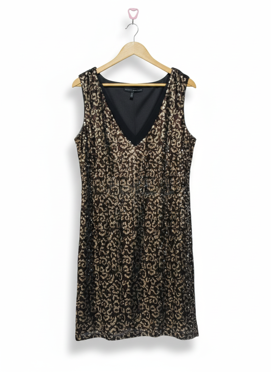 WHITE HOUSE BLACK MARKET|L/XL|BUST 19|BLACK AND GOLD SEQUIN V-NECK SHIFT DRESS