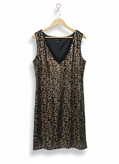 WHITE HOUSE BLACK MARKET|L/XL|BUST 19|BLACK AND GOLD SEQUIN V-NECK SHIFT DRESS