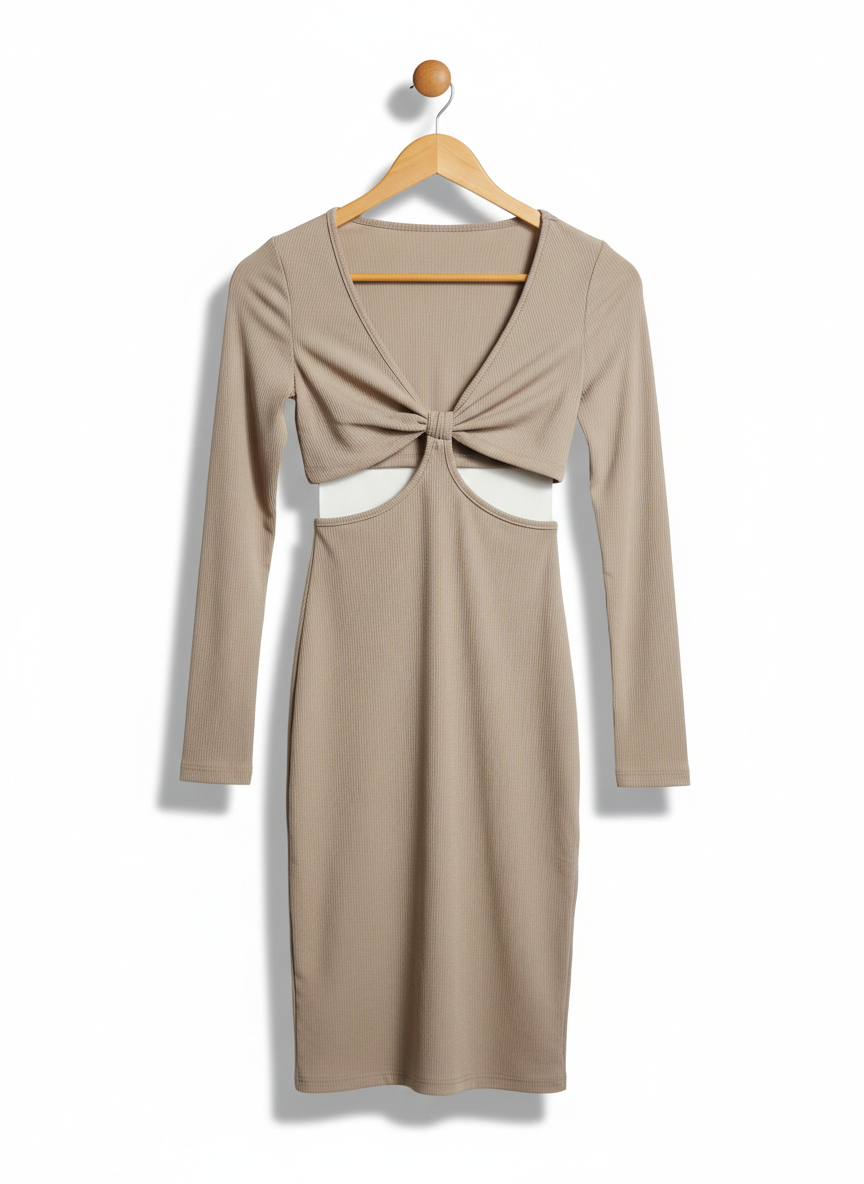 SHEIN |XS| BUST 14| RIBBED TAUPE CUT-OUT FRONT MINI DRESS - LONG SLEEVE TWIST KNOT DETAIL