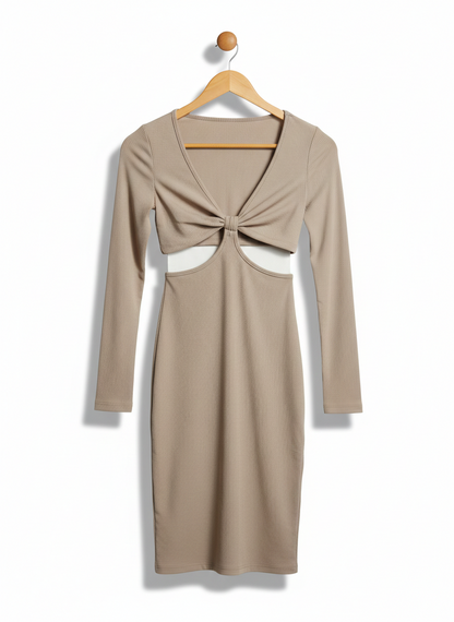 SHEIN |XS| BUST 14| RIBBED TAUPE CUT-OUT FRONT MINI DRESS - LONG SLEEVE TWIST KNOT DETAIL