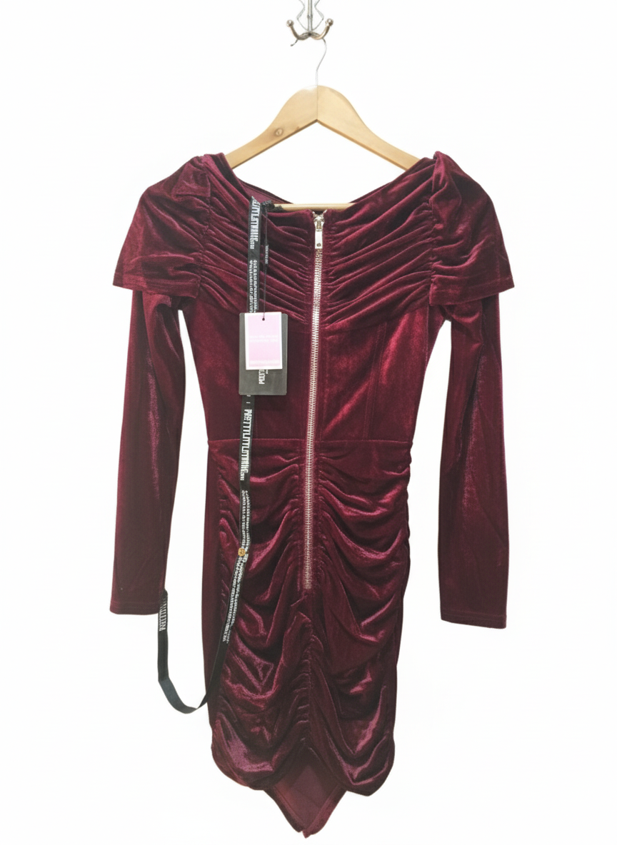 Pretty Little Things Shape Burgundy Velvet Corset Detail Long Sleeve Ruched Midi Dress W-14 / L-32