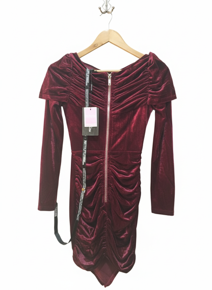 Pretty Little Things Shape Burgundy Velvet Corset Detail Long Sleeve Ruched Midi Dress W-14 / L-32