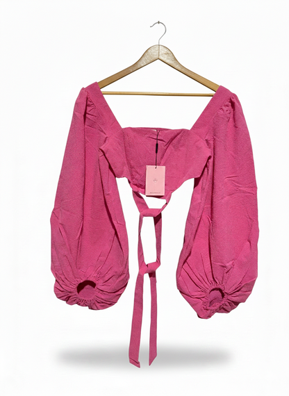HELLO MOLLY |S| BUST 14| VIBRANT MAGENTA PUFF-SLEEVE TIE-FRONT TOP