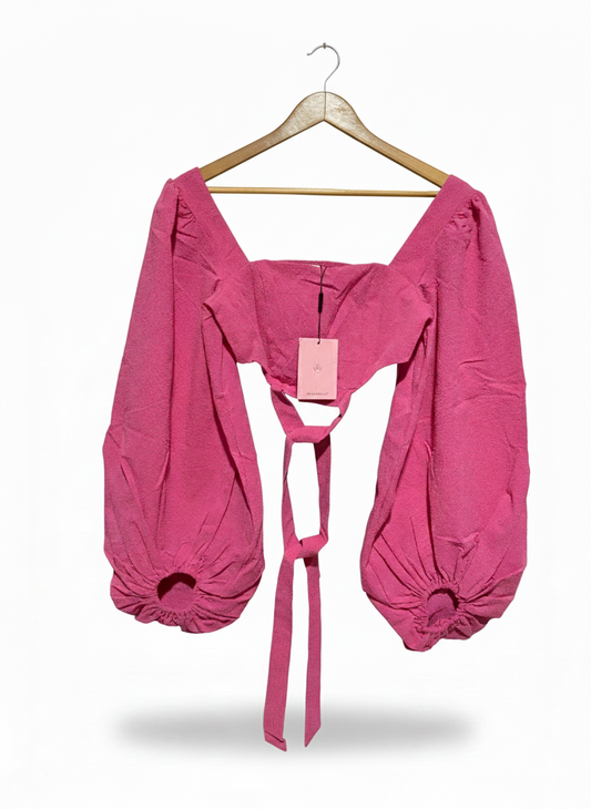 HELLO MOLLY |S| BUST 14| VIBRANT MAGENTA PUFF-SLEEVE TIE-FRONT TOP