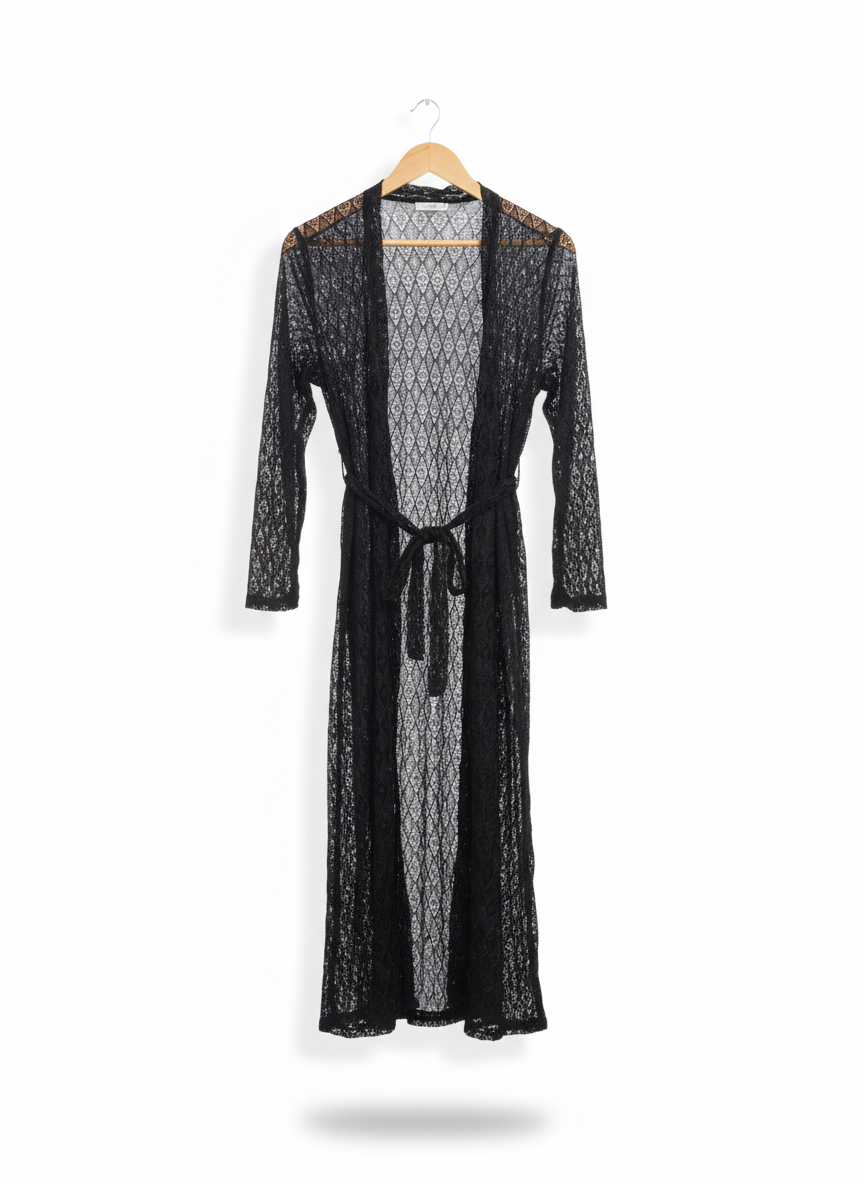 Women's Black Open-Front Long Kimono Cover-Up