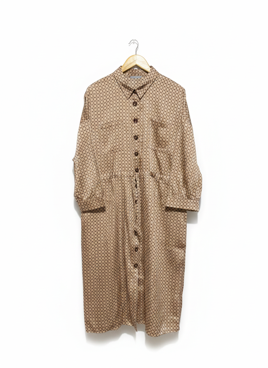 DOROTHY PERKINS |XL|C5| BUST 24| WOMEN'S GEOMETRIC PRINT SHIRT DRESS IN TAN