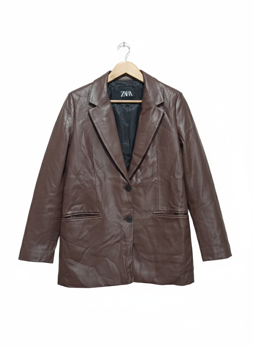 ZARA NEW WOMAN FAUX LEATHER BLAZER JACKET BROWN W-19'/ L-29'