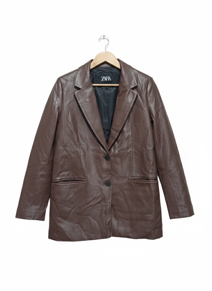 ZARA NEW WOMAN FAUX LEATHER BLAZER JACKET BROWN W-19'/ L-29'